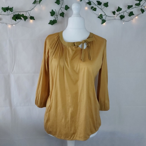 COS Tops - COS Mustard Yellow Side Tie Neck 3/4 Sleeve Relaxed Top Size M 100% Cotton Light